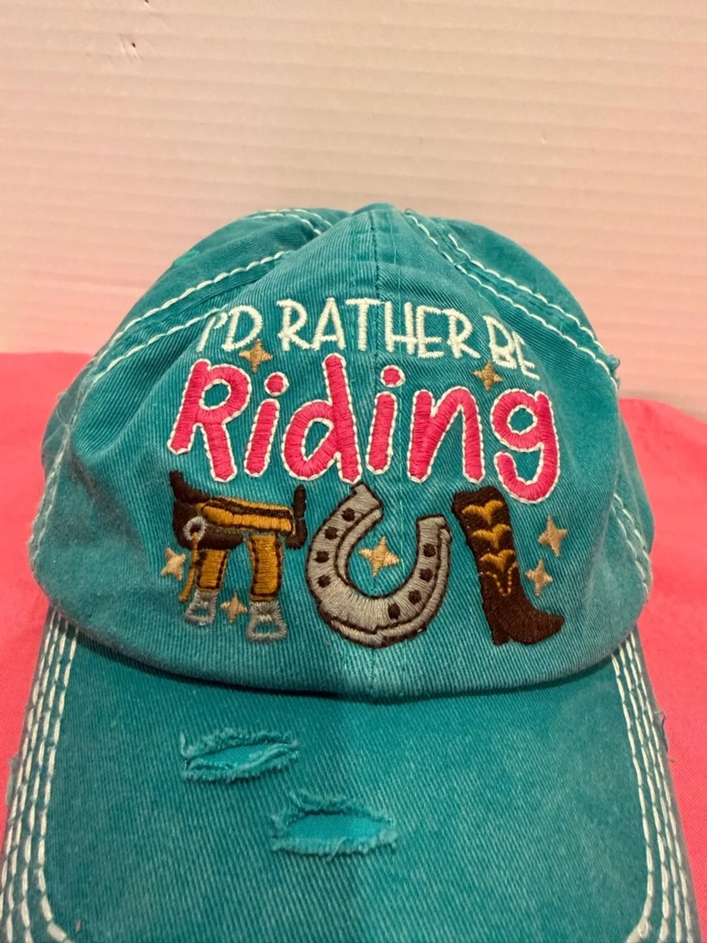 Cowgirl Cap Kbethos  Embroidered “I’d Rather Be Riding” Distressed Teal